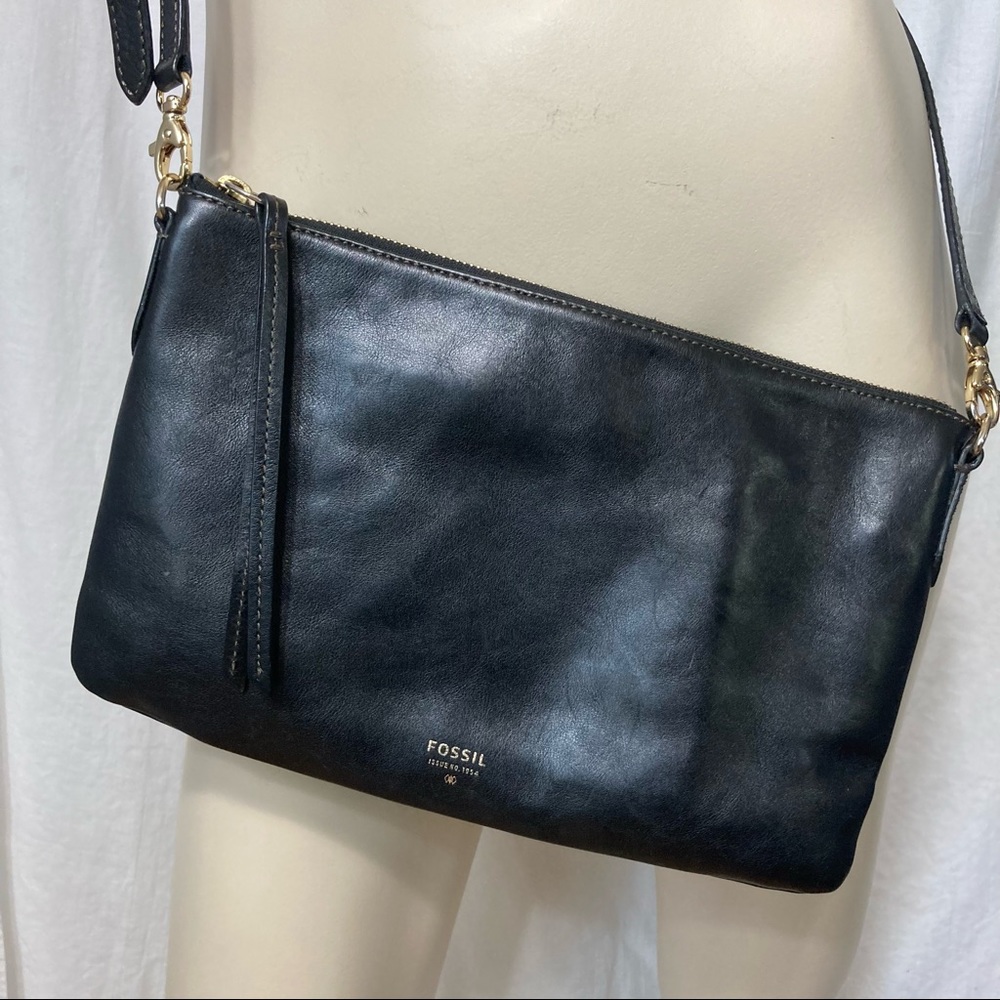 Fossil Sydney black zip top crossbody bag leather handbag purse